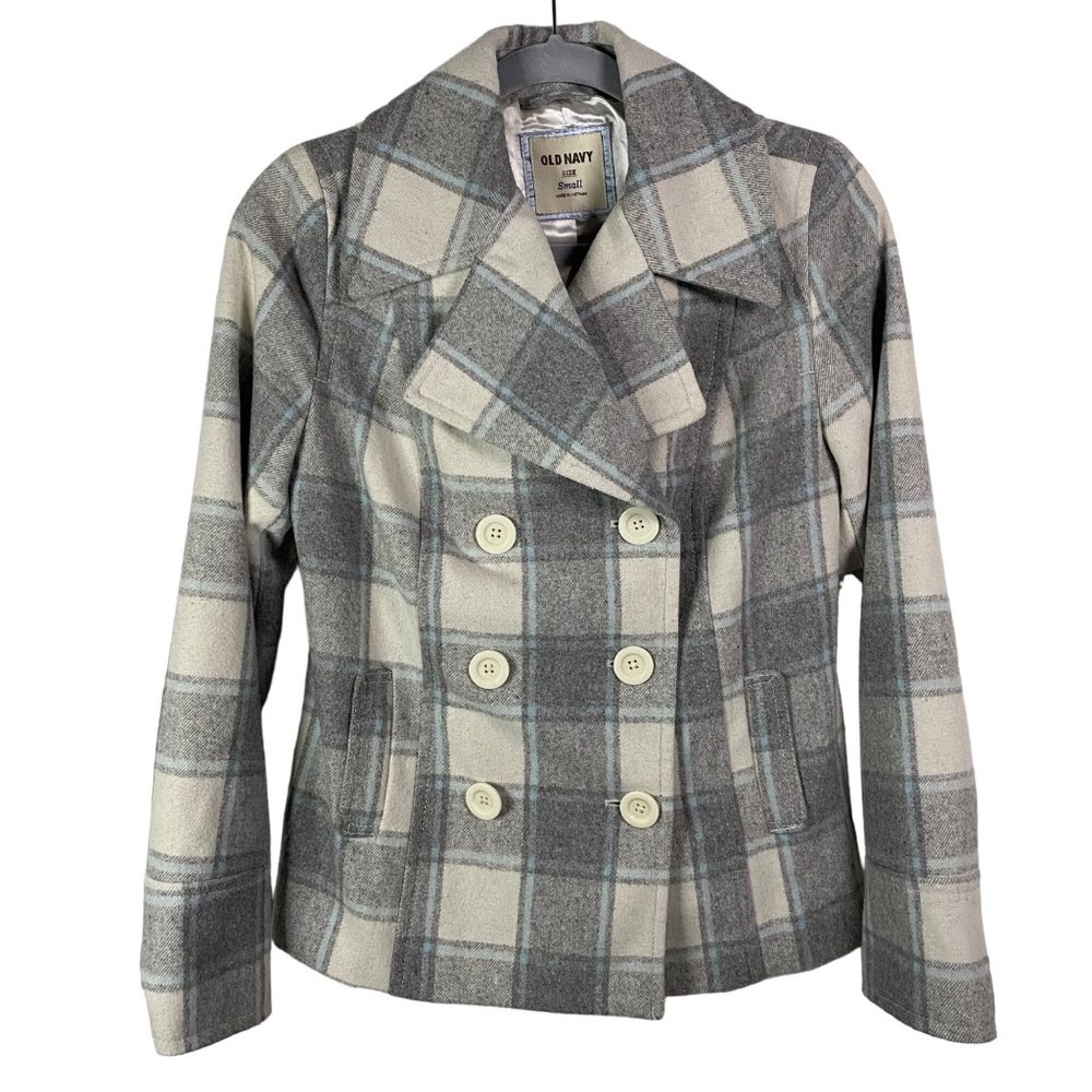Old Navy Women Plaid Gray White Light blue Silky liner‎ Coat Jacket Sz Small